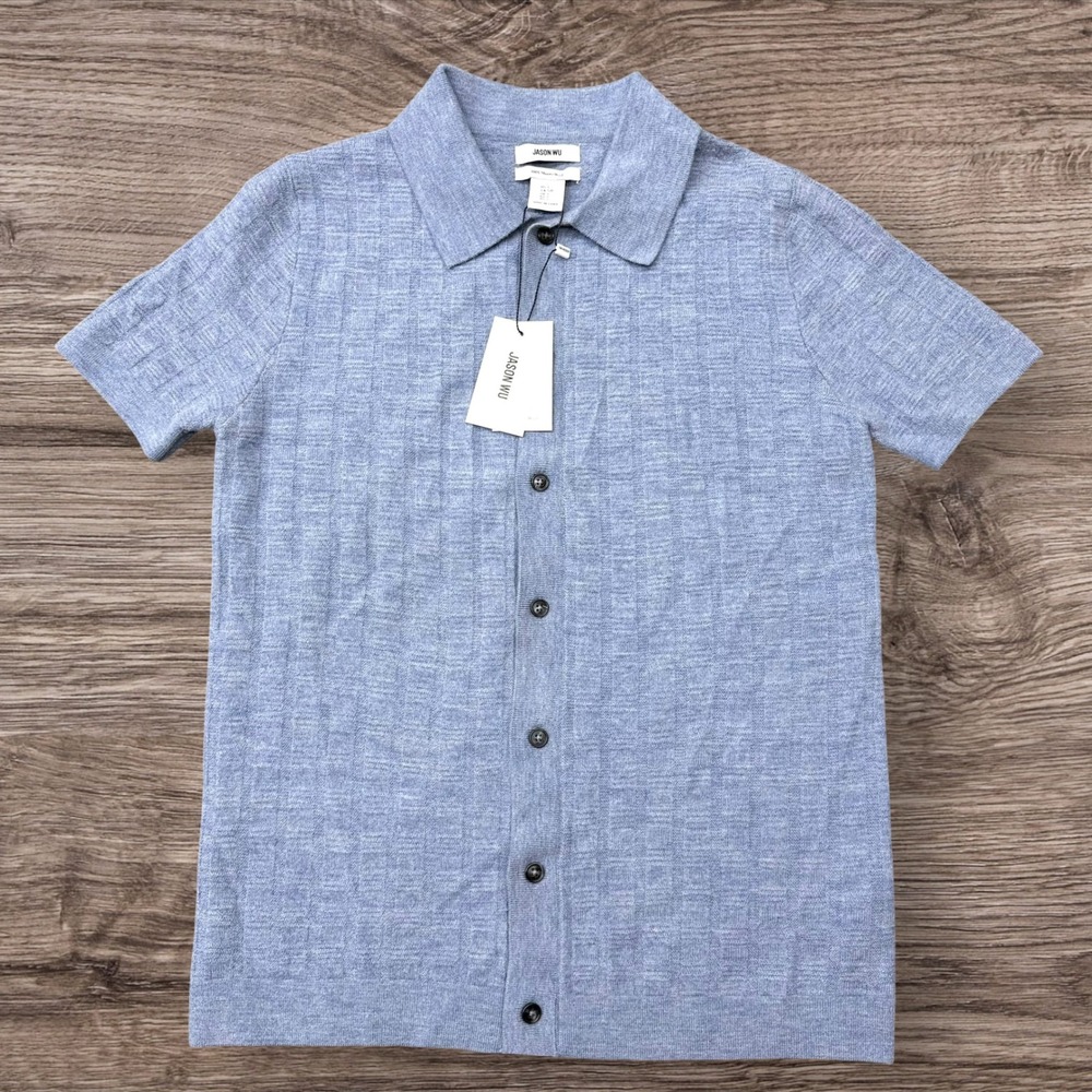 Jason Wu Polo Shirt Mens Small Blue 100% Extra Fine Merino Wool Knit Button Up